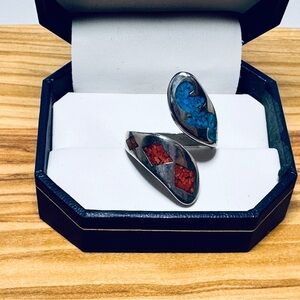 Sterling Silver Navajo Turquoise and Coral Adjustable Ring